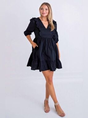 Karlie Poplin Ruffle Cotton Tier Black V‑Neck Mini Dress Size S